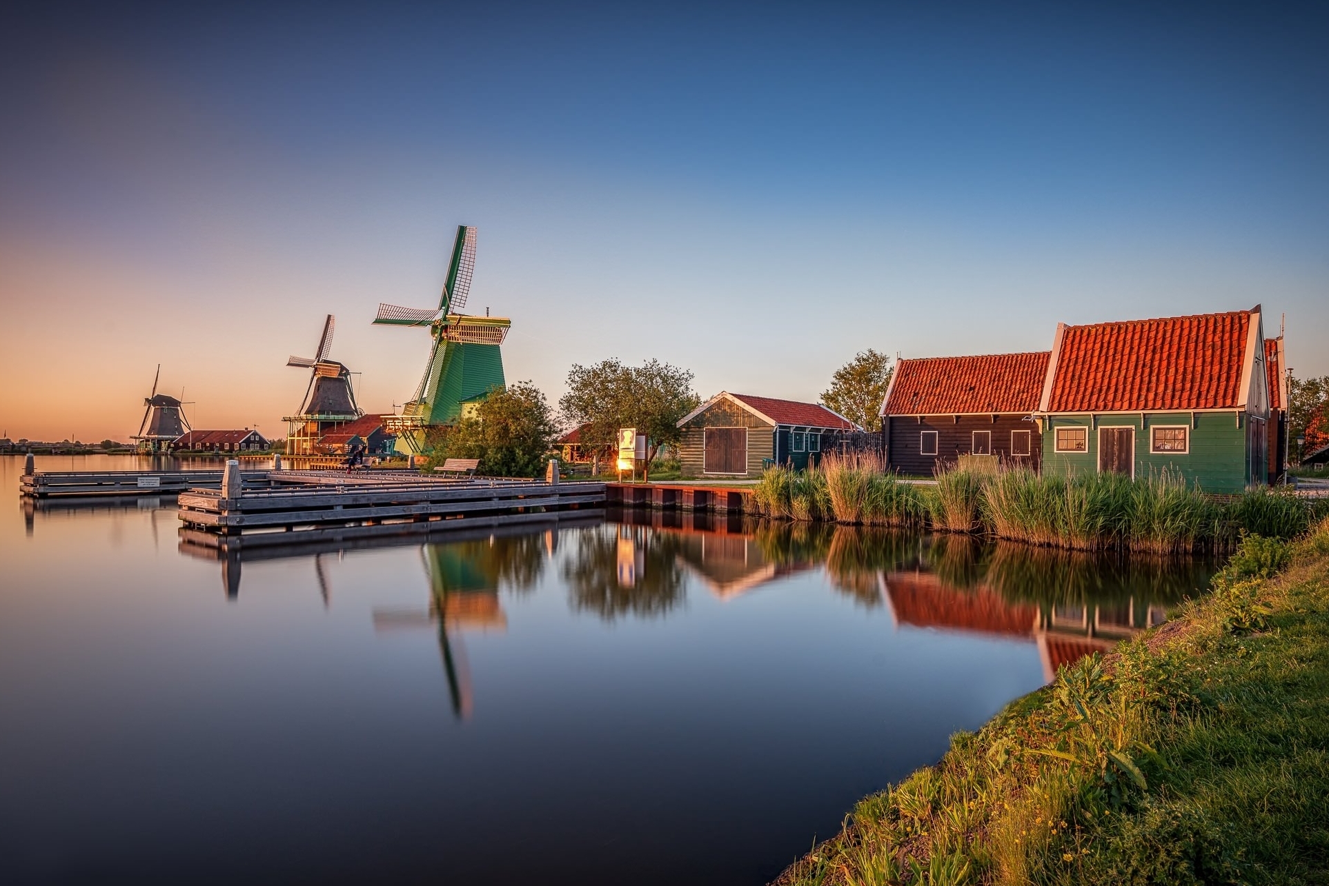 Splendide foto di mulini a vento circondati da campi di tulipani — Zaandam